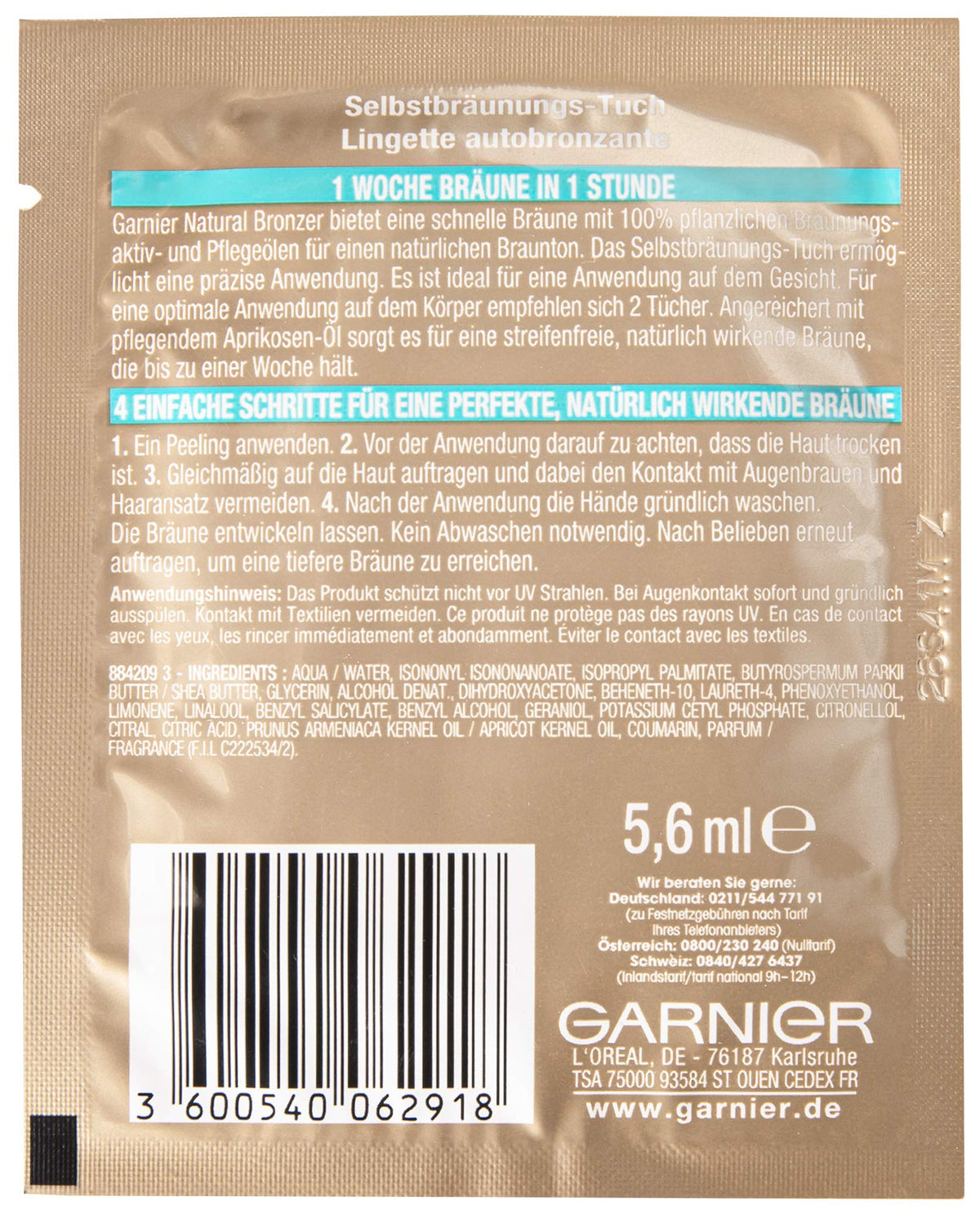 Garnier Ambre Solaire Selbstbräunungs-Tuch, Selbstbräuner mit Aprikosenkernöl, Bräunungsbeschleuniger in Gold (15 Stück)