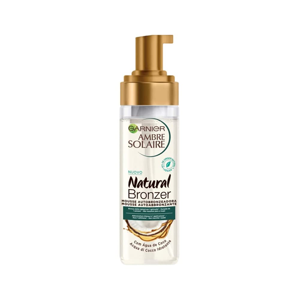 Garnier Ambre Solaire Selbstbräunungsmousse Natural Bronzer, Gesicht und Körper, für eine natürliche Bräunung bis zu einer Woche, vegane Formel, angereichert mit feuchtigkeitsspendendem Kokoswasser,