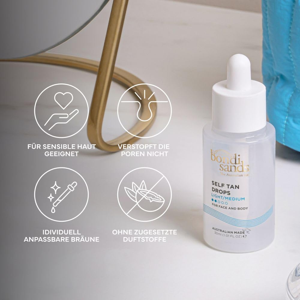 Bondi Sands - Self Tan Drops Light/Medium - Selbstbräuner für Gesicht und Körper in Tropfen, individuell dosierbar, für eine leichte bis mittlere Bräune, 30ml