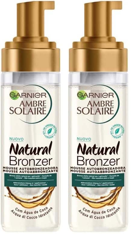 Garnier Ambre Solaire Selbstbräunungsmousse Natural Bronzer, Gesicht und Körper, für eine natürliche Bräunung bis zu einer Woche, vegane Formel, angereichert mit feuchtigkeitsspendendem Kokoswasser,