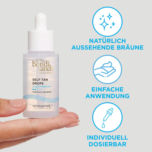 Bondi Sands - Self Tan Drops Light/Medium - Selbstbräuner für Gesicht und Körper in Tropfen, individuell dosierbar, für eine leichte bis mittlere Bräune, 30ml