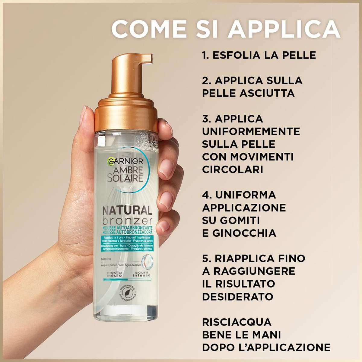 Garnier Ambre Solaire Selbstbräunungsmousse Natural Bronzer, Gesicht und Körper, für eine natürliche Bräunung bis zu einer Woche, vegane Formel, angereichert mit feuchtigkeitsspendendem Kokoswasser,