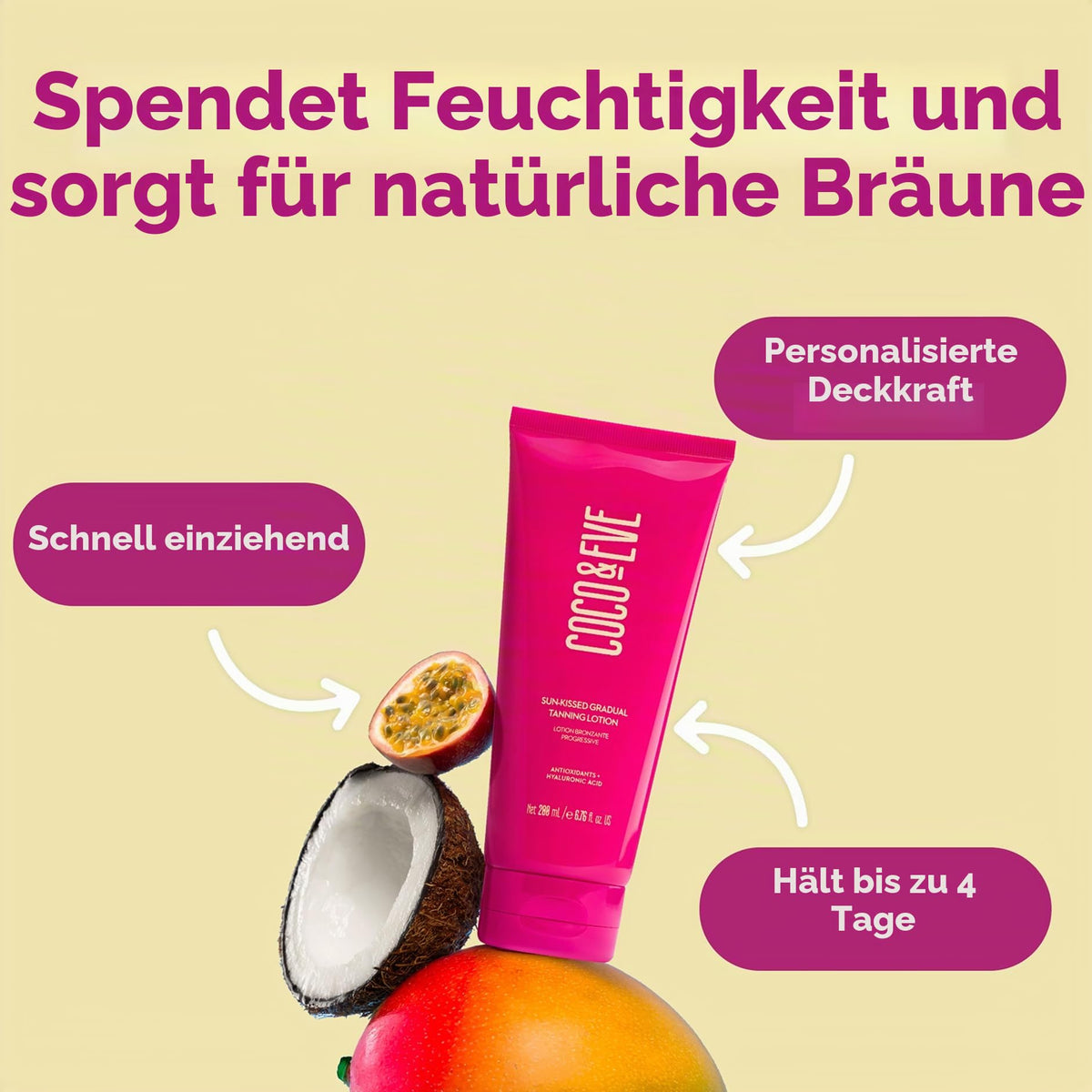 Coco & Eve Sun-kissed Gradual Tanning Lotion - Natural Sunless Moisturizing Tanner with 72H Hydration & Streak-Free, Buildable Glow. Skincare-Infused with Antioxidants and Hyaluronic Acid. (200ml)