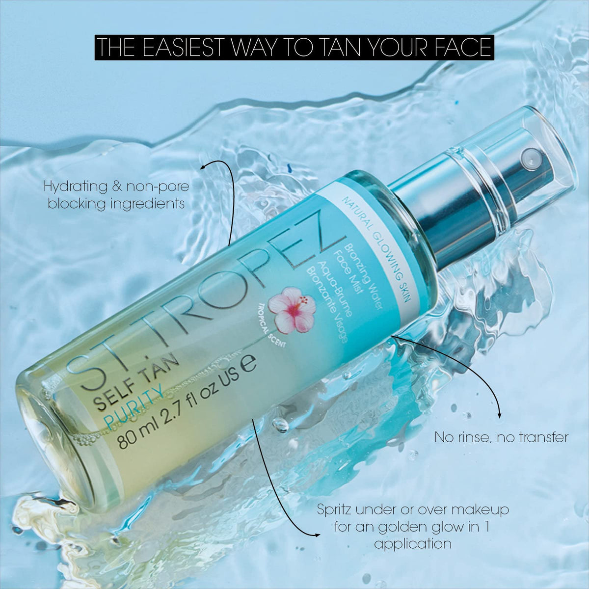 St.Tropez Purity Face Mist – Transparentes Selbstbräuner‑Wasser mit Hyaluron, 80 ml