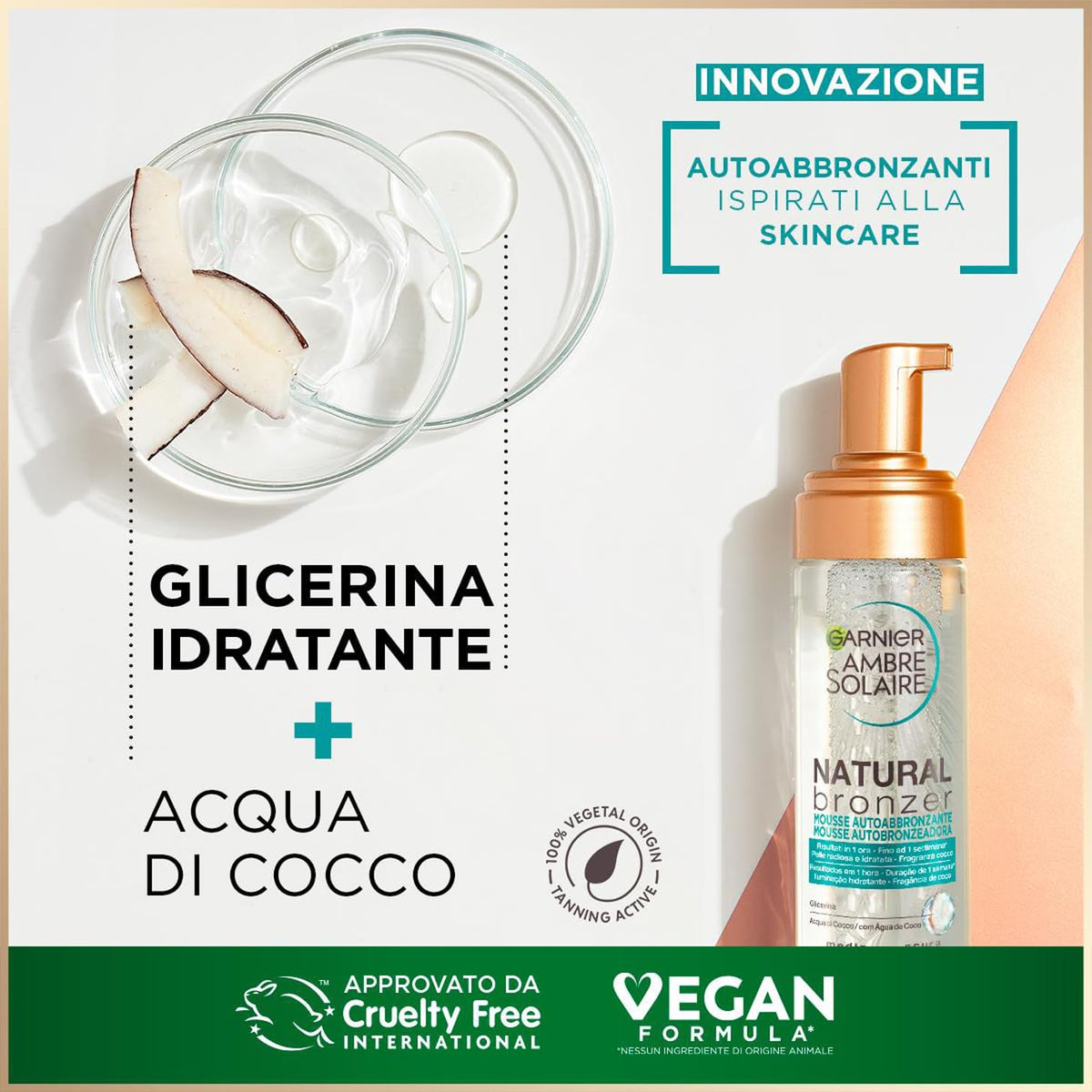 Garnier Ambre Solaire Selbstbräunungsmousse Natural Bronzer, Gesicht und Körper, für eine natürliche Bräunung bis zu einer Woche, vegane Formel, angereichert mit feuchtigkeitsspendendem Kokoswasser,