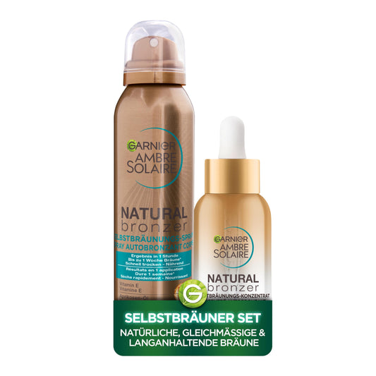 Garnier Ambre Solaire Selbstbräunungs Duo - Gesicht & Körper - Selbstbräuner Spray und Konzentrat, für Langlebige, natürliche Bräune