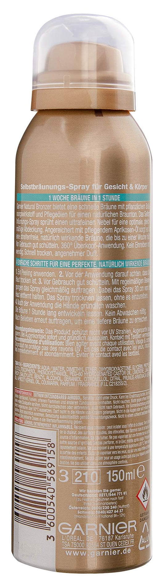 Garnier Selbstbräuner für Gesicht und Körper, Langanhaltende, natürliche Bräune, Ambre Solaire Natural Bronzer Selbstbräunungs-Spray, 1 x 150 ml (Packung mit 2)