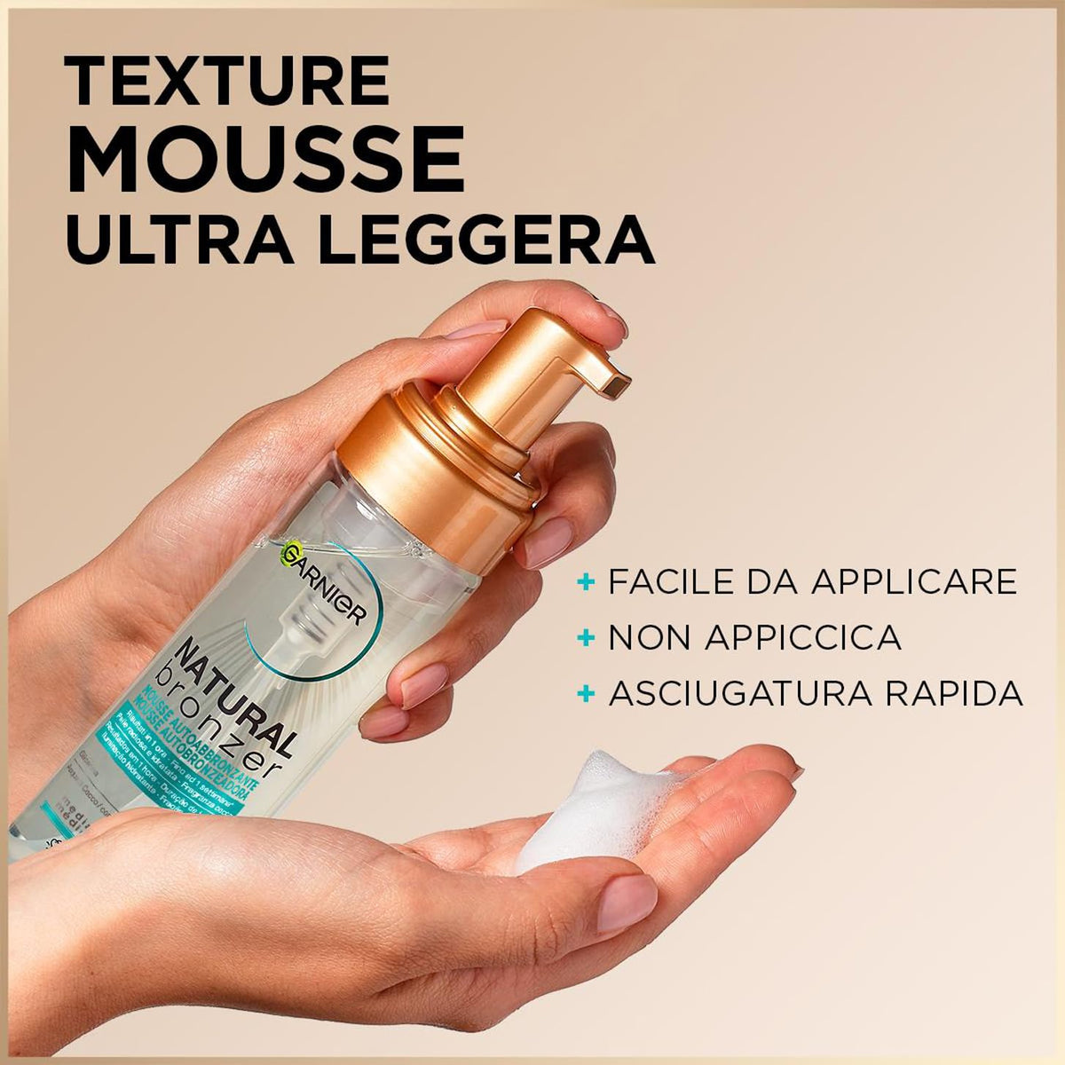 Garnier Ambre Solaire Selbstbräunungsmousse Natural Bronzer, Gesicht und Körper, für eine natürliche Bräunung bis zu einer Woche, vegane Formel, angereichert mit feuchtigkeitsspendendem Kokoswasser,