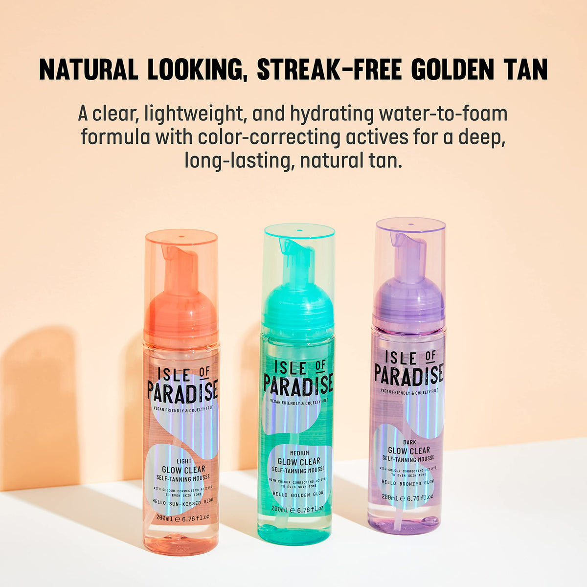 Isle of Paradise Selbstbräunungs-Mousse, Medium (200 ml) Glow Clear Selbstbräunungsschaum, natürliche Inhaltsstoffe & vegan (Verpackung kann variieren)