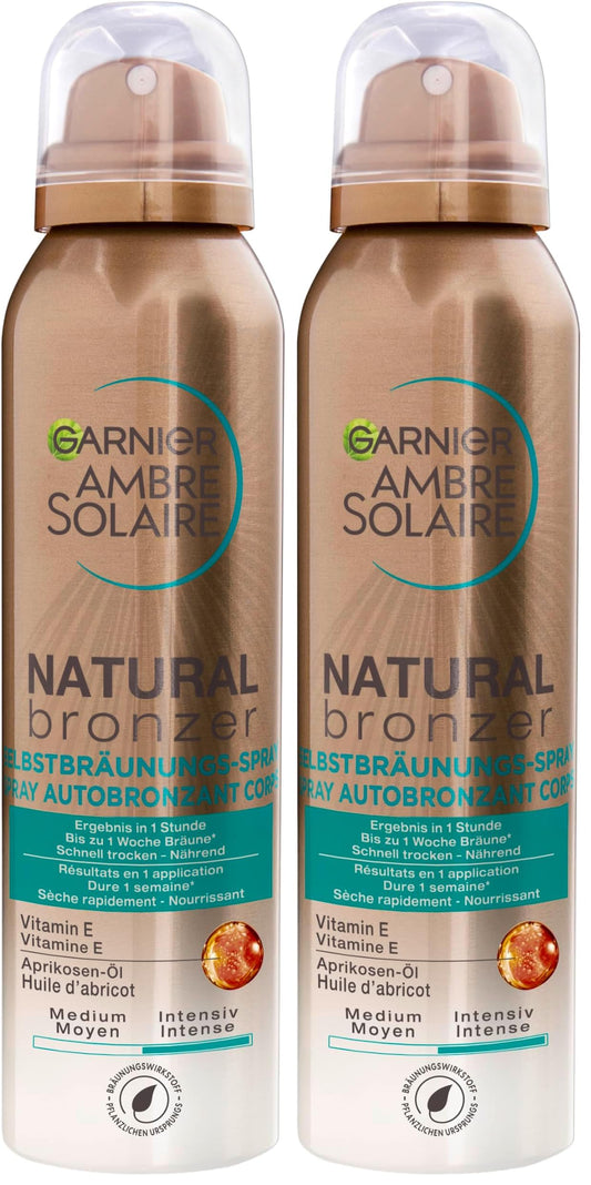 Garnier Selbstbräuner für Gesicht und Körper, Langanhaltende, natürliche Bräune, Ambre Solaire Natural Bronzer Selbstbräunungs-Spray, 1 x 150 ml (Packung mit 2)